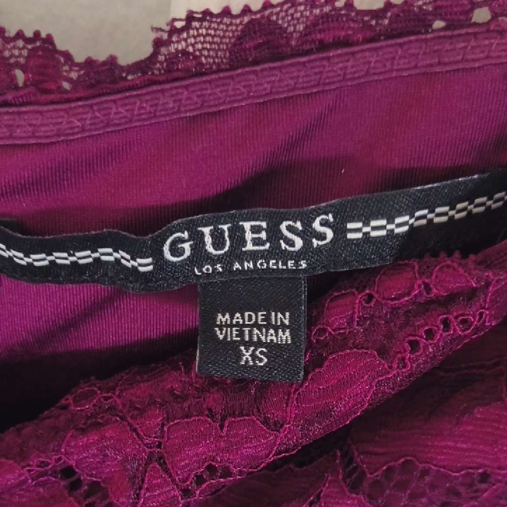 Guess Off-Shoulder Long Sleeve Lace Bodycon Dress in Burgundy - Picture 2 of 4